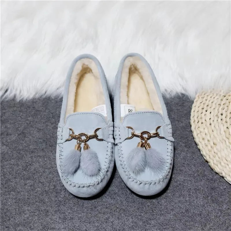 2025 Flats Female Casual Footwear Shoes Shoes Women 100% Natural Fur Shoes Moccasins Loafers Soft Genuine Pig Boots Leisure