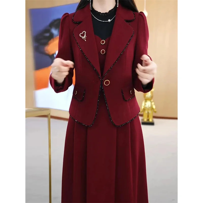 Maxy High End Suit Jacket Dress Two-piece Set Women Spring Autumn Winter New Advanced Red Blazer Coat Long Dress Female Outfit