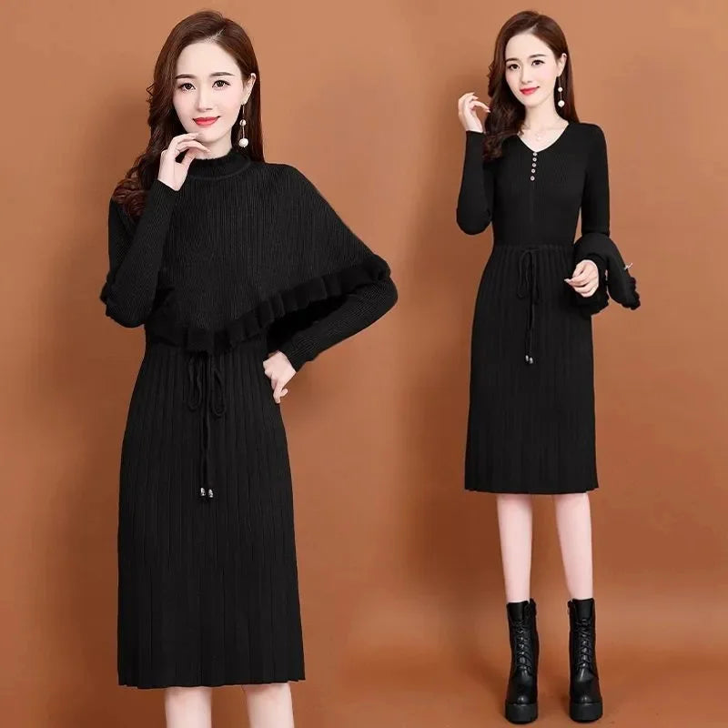 Maxy New Fashion Autumn Winter Women Long Sweater Dress Pullovers Warm Knitted Pullover Dresses + Sweaters Vest Two Pieces Set