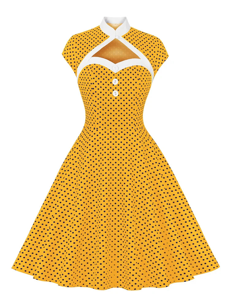 Maxy Toval Stand Collar Hollow Out Front Button Evening Party Dresses Women Cap Sleeve Polka Dot Vintage Dress Elegant Female
