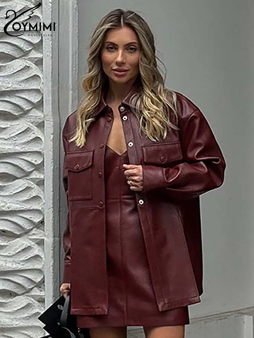 Maxy Ommi Fashion Wine Red Pu Leather Women's Two Pieces Set Elegant Long Sleeve Button Shirts And Spaghetti Strap Mini Dress Sets