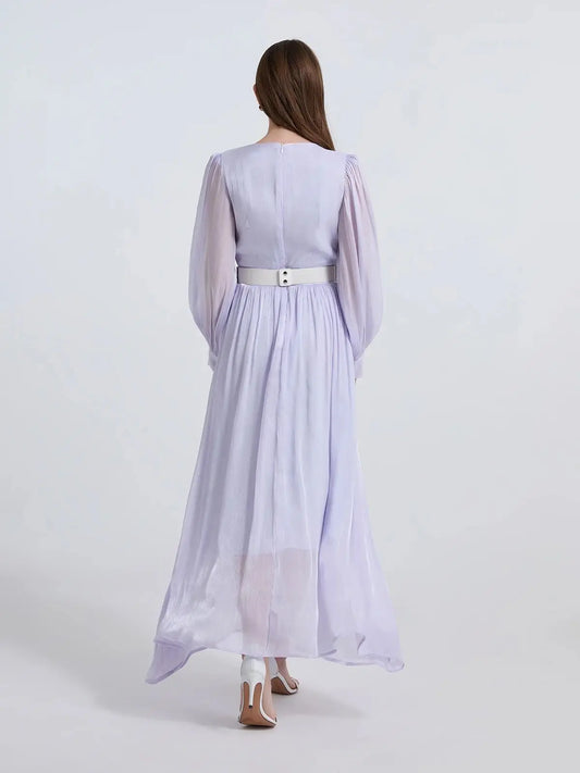 Maxy Solid Beaded Diamonds Ruffle Chiffon Satin Dress for Women‘s V-Neck Long Puff Sleeve Long Maxy Dress Evening Party Robes Femme