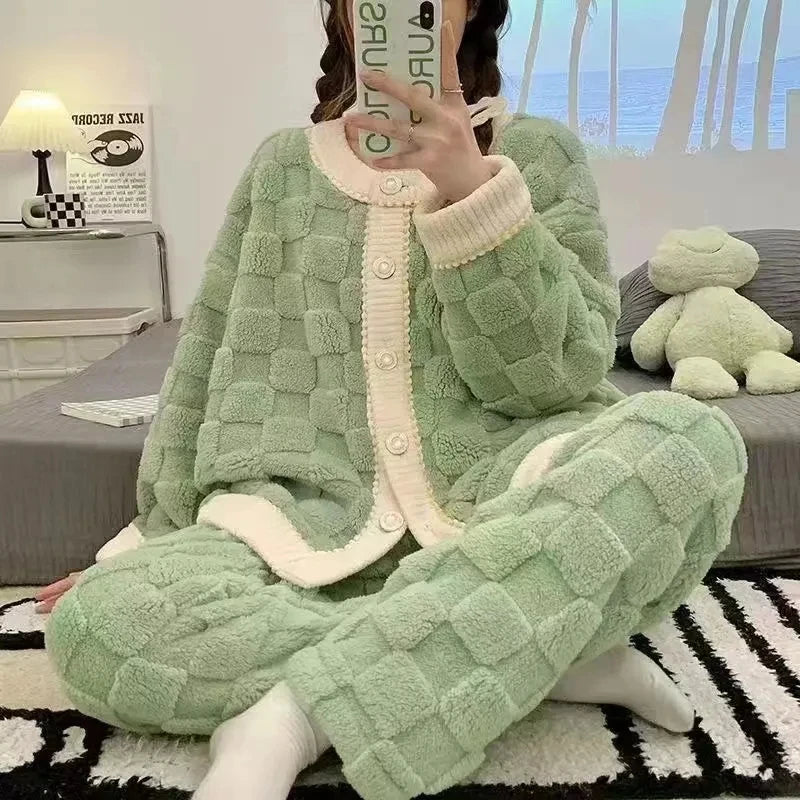 Maxy Plush Thick Warm Sleepwear Flannel Winter Home wear Set 2024 New Pajama Women's Autumn Winter Loungewear Coral Velvet Cute Sweet