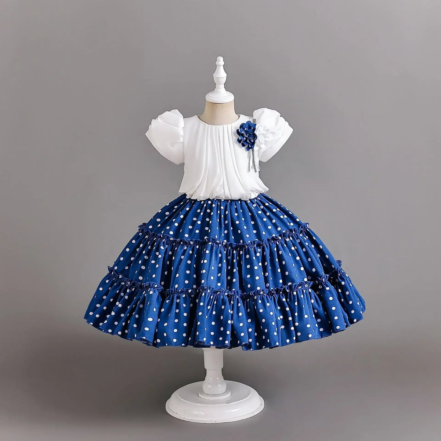 Amay Dot Printed Children Princess Dress Draped Bow Formal Ceremony Kids Party Dresses for Girl Pageant Birthday Gown 8 10 12 Years