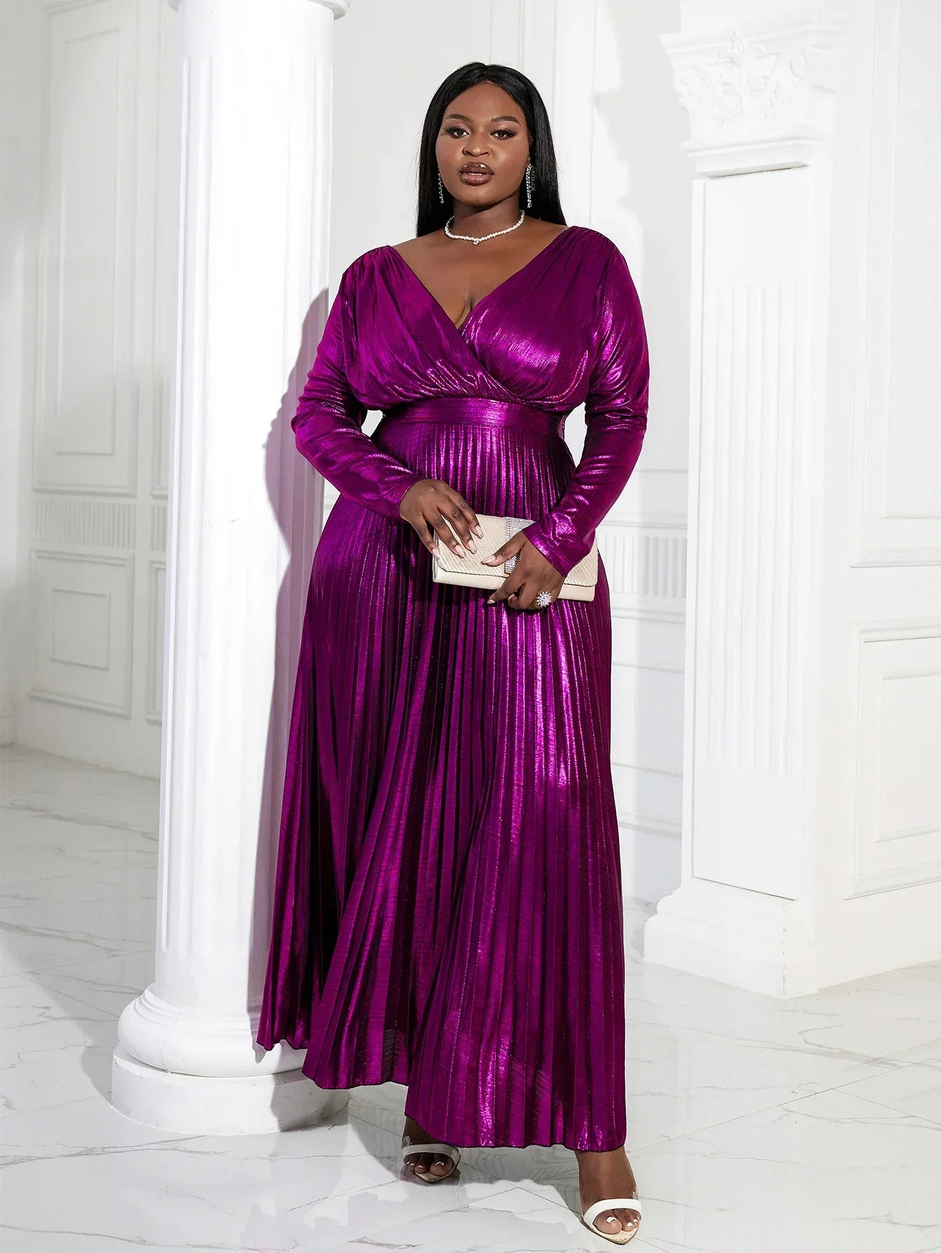 Plus Size Shiny Party Dress Purple Elegant Long Sleeve Evening Gold Pleated High Waist Long Sleeves Fit Flare Prom Robe 2024