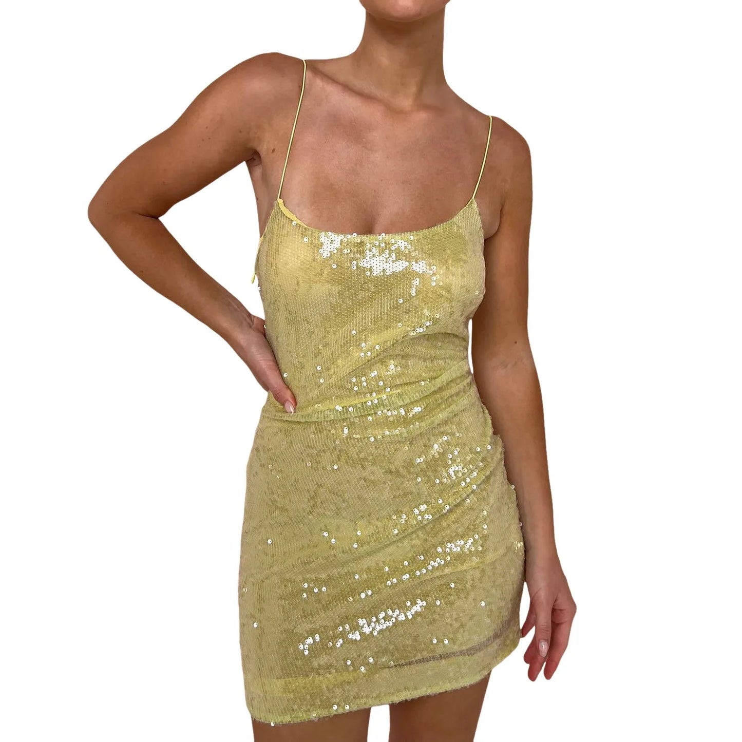 Maxy Trendy Solid Color Spaghetti Strap Glitter Sparkly Sequin Dress for Women Bodycon Dresses