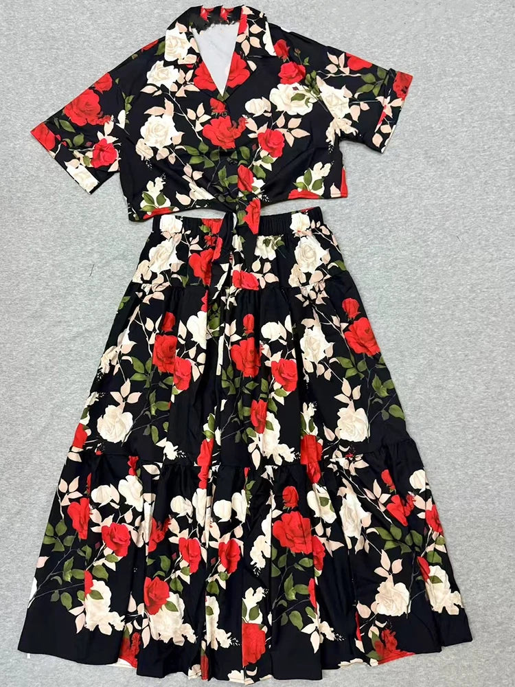 Maxy Retro summer new fashion print skirt lapel single-breasted short shirt+high waist A skirt elegant two-piece women's suit