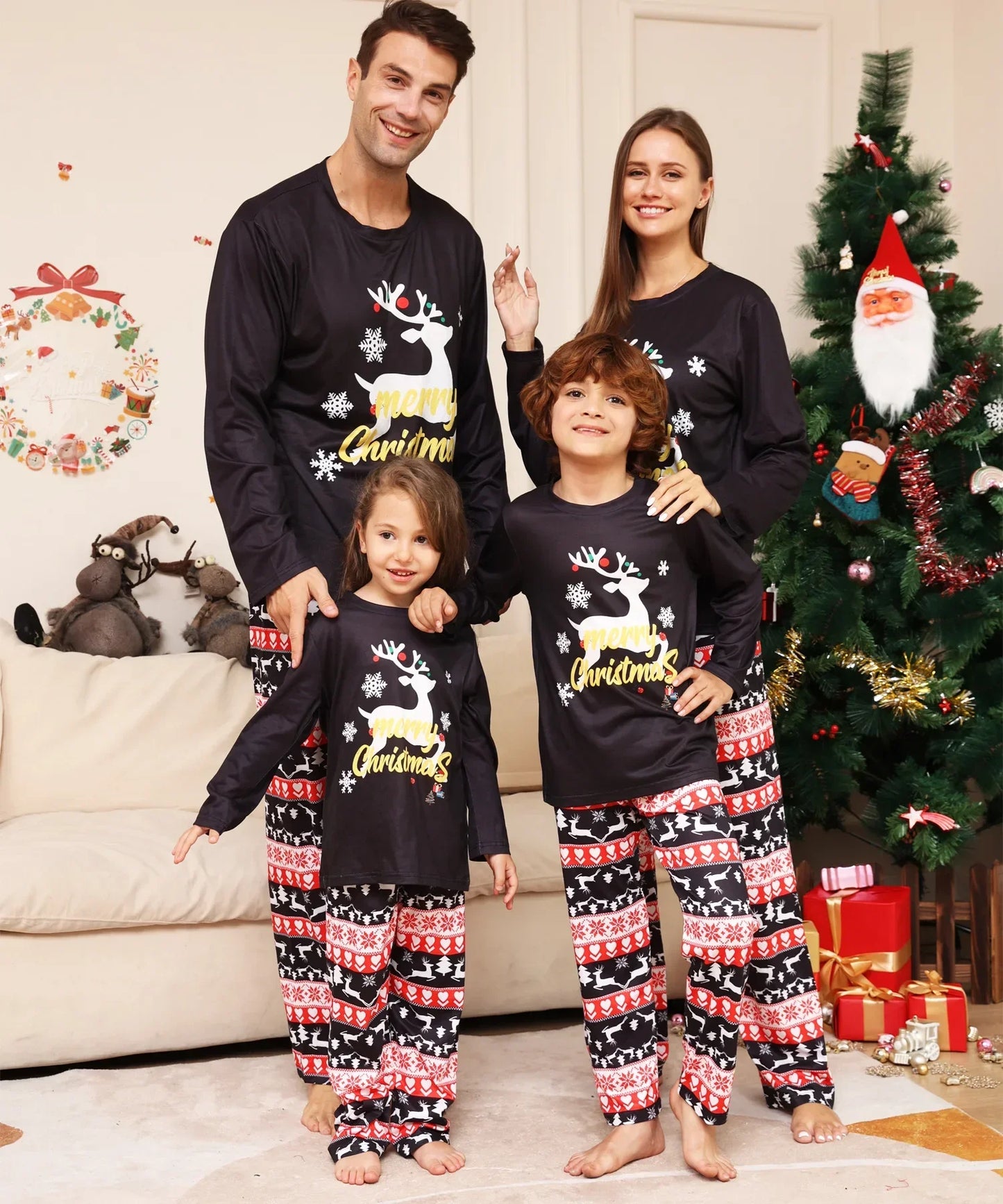 New Year's Clothes 2024 Deer Print Christmas Pajamas Set Family Matching Clothes Baby Dog Romper Long Sleeve Sleepwear Xmas Look