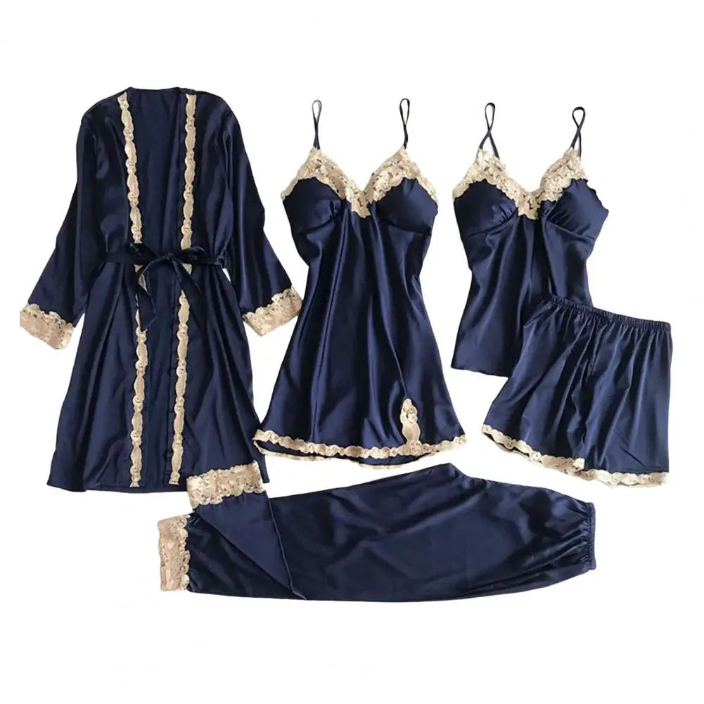 Women Satin Pajamas Elegant Satin Lace Pajama Set with Lace-up Waist 5-piece Nightwear Set for Women Silky Nightgown Shorts Set