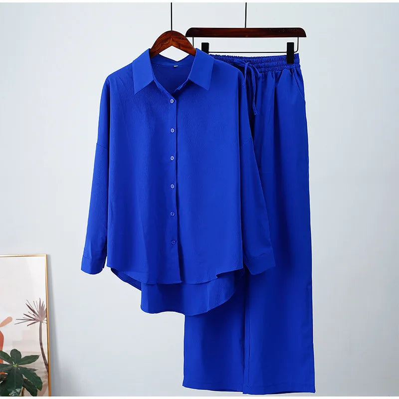 Maxy Wide Leg Pants Set Two Piece Set Women Vintage Maxi Shirt Suit Stylish Set Casual Loose Work Streetwear Y2k Holiday Outfits