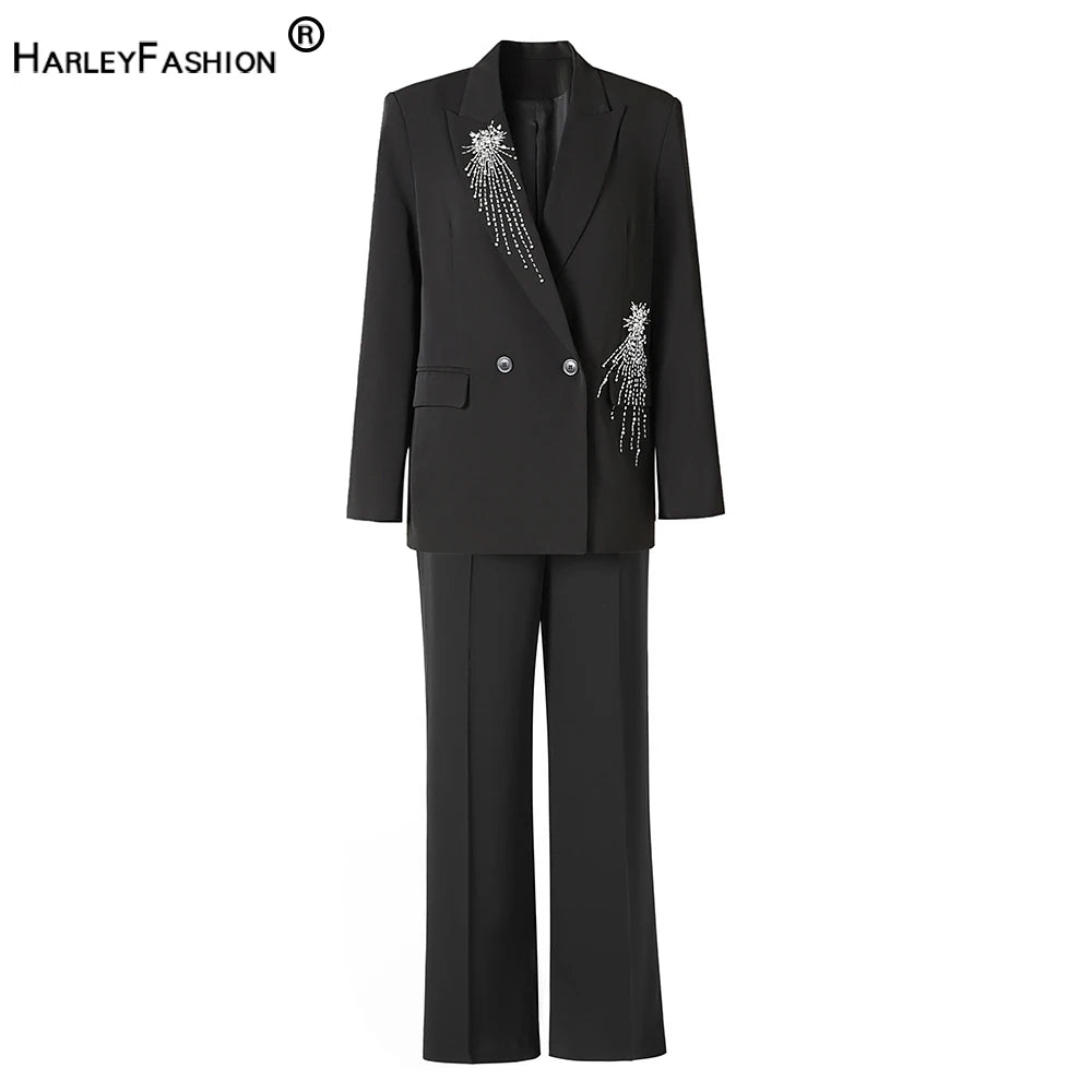 Maxy Runway Design European White Diamonds Beadings Black 2PCS Blazer Suits Luxury Street Two Pieces Pants Sets