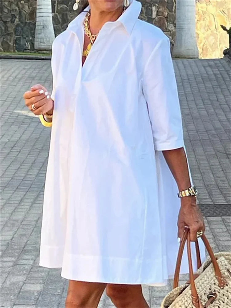 Maxy Urban Female Fashion Solid Color Lapel Mini Dresses New Summer Half Sleeves Loose Casual Office Commute White Dress