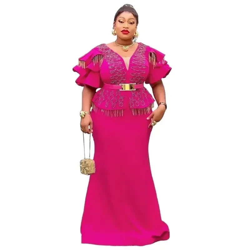 Maxy Elegant Plus Size African Wedding Party Dresses for Women Autumn African V-neck Evening Long Dress Outfits