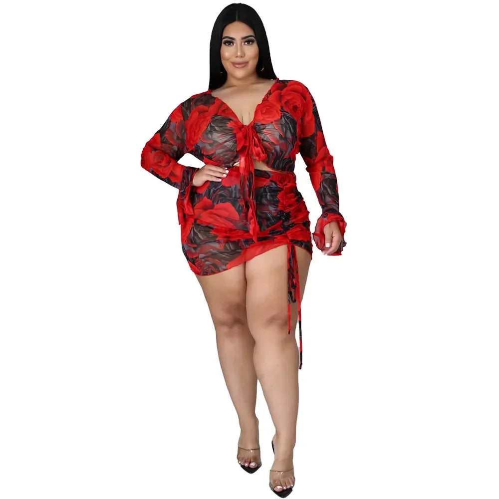 Wmstar Plus Size Women's Clothing 3xl 4xl Mesh Dress Sets Two Piece Set Bandage Short Skirts Printed Wholesale Dropshipping 2024