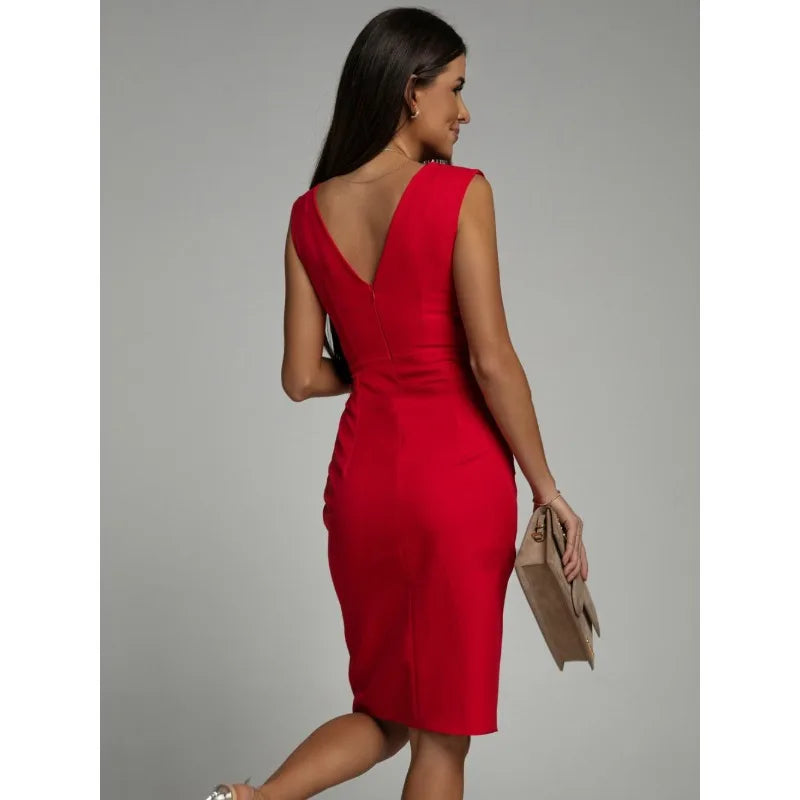Maxy V-neck Sleeveless Red Elegant Slit High Waisted Pleated Women's Evening Dress Summer New Slim Fit Pullover Mid Length Skirt New