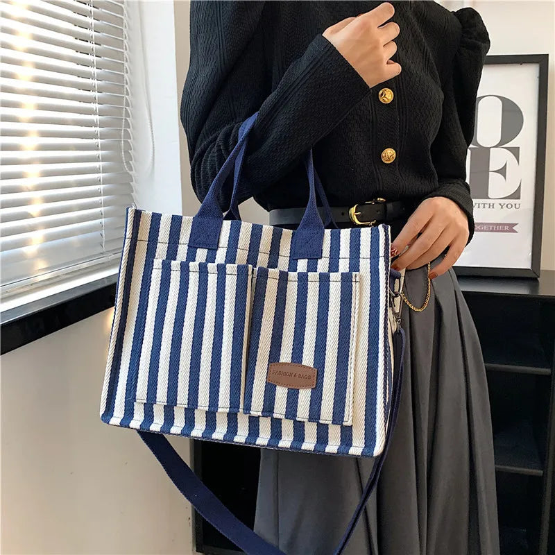 Maxy Cool Street Handbag, Large Capacity Women's Shoulder Bag, Trendy Striped Canvas Crossbody Bag, Fashion Travel Shopping Tote Bag