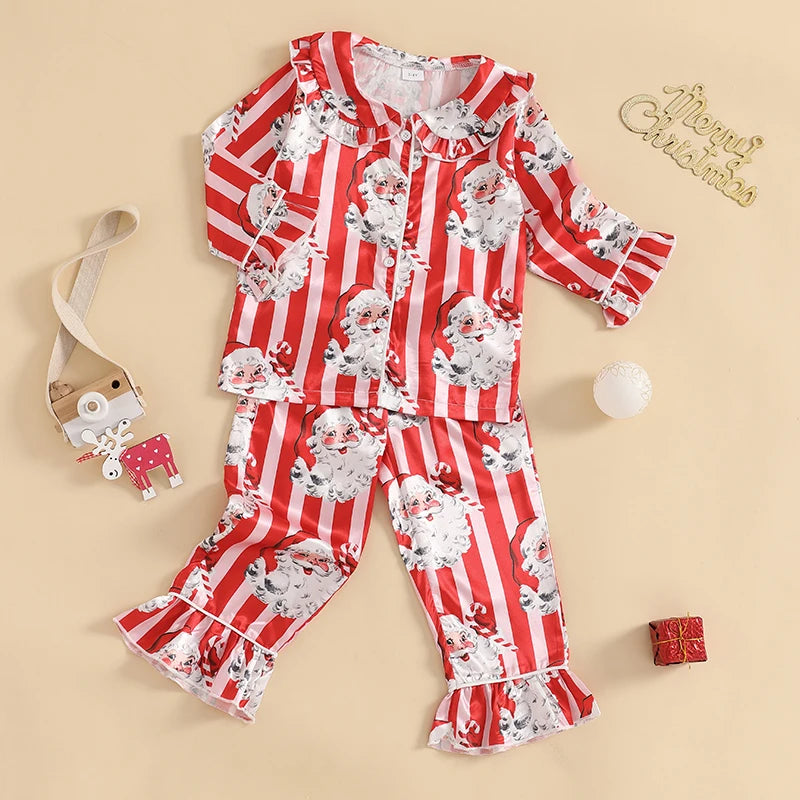 Little Girl Christmas Pajama Sets Santa Striped Doll Collar Button-up Tops Long Pant Satin 2 Pieces Ruffled Loungewear Set