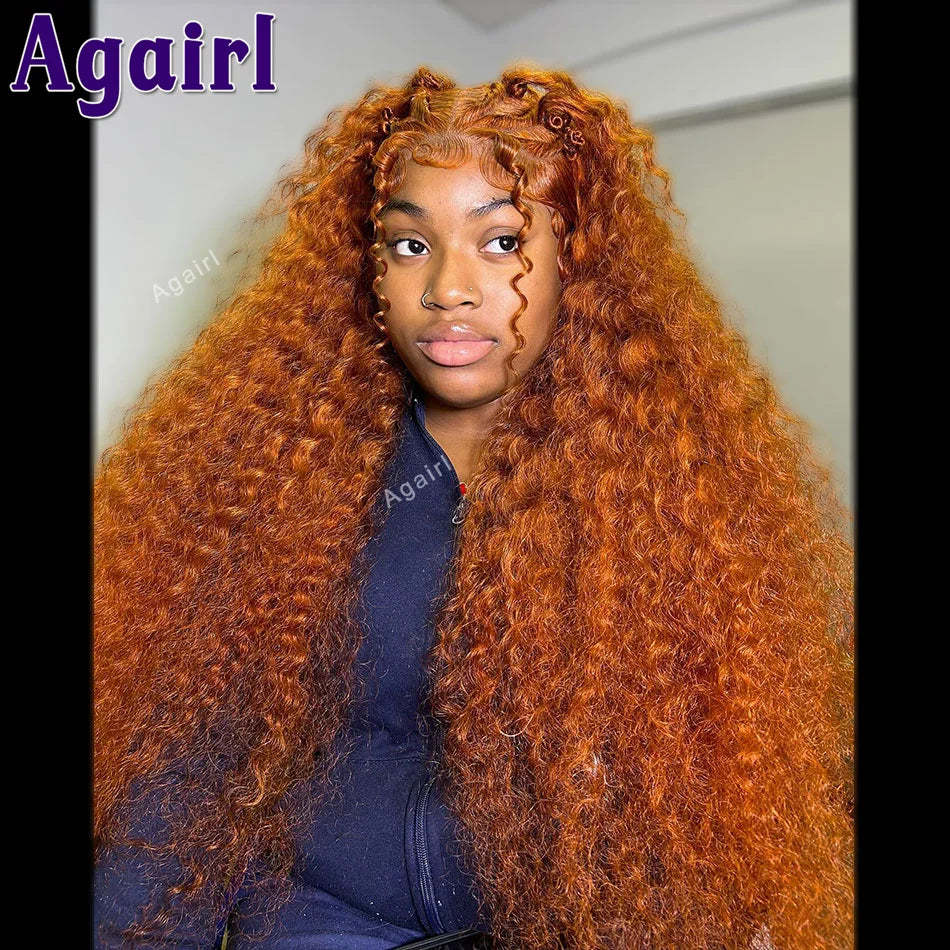 Maxy Orange Ginger 200% Density 13X6 Transparent Water Wave Human Hair Lace Frontal Wig 30 32 Inches 13X4 Kinky Curly Lace Front Wigs