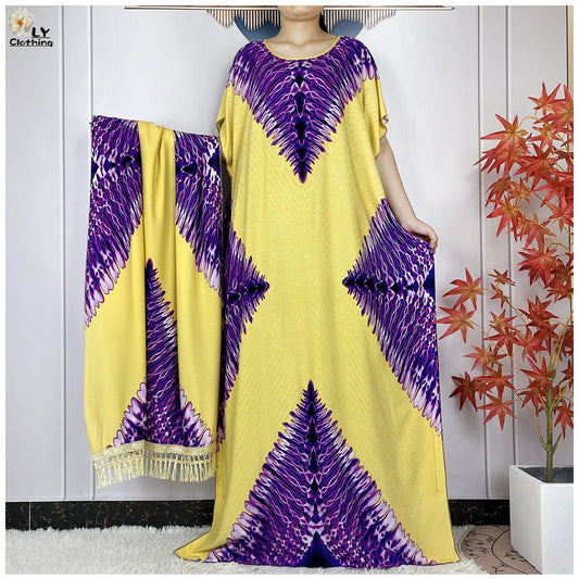 Maxy New Muslim Women Dashiki Printed Dress Flower Diamonds Loose Dress With Big Scarf Islamic African Women Short Sleeve Abaya