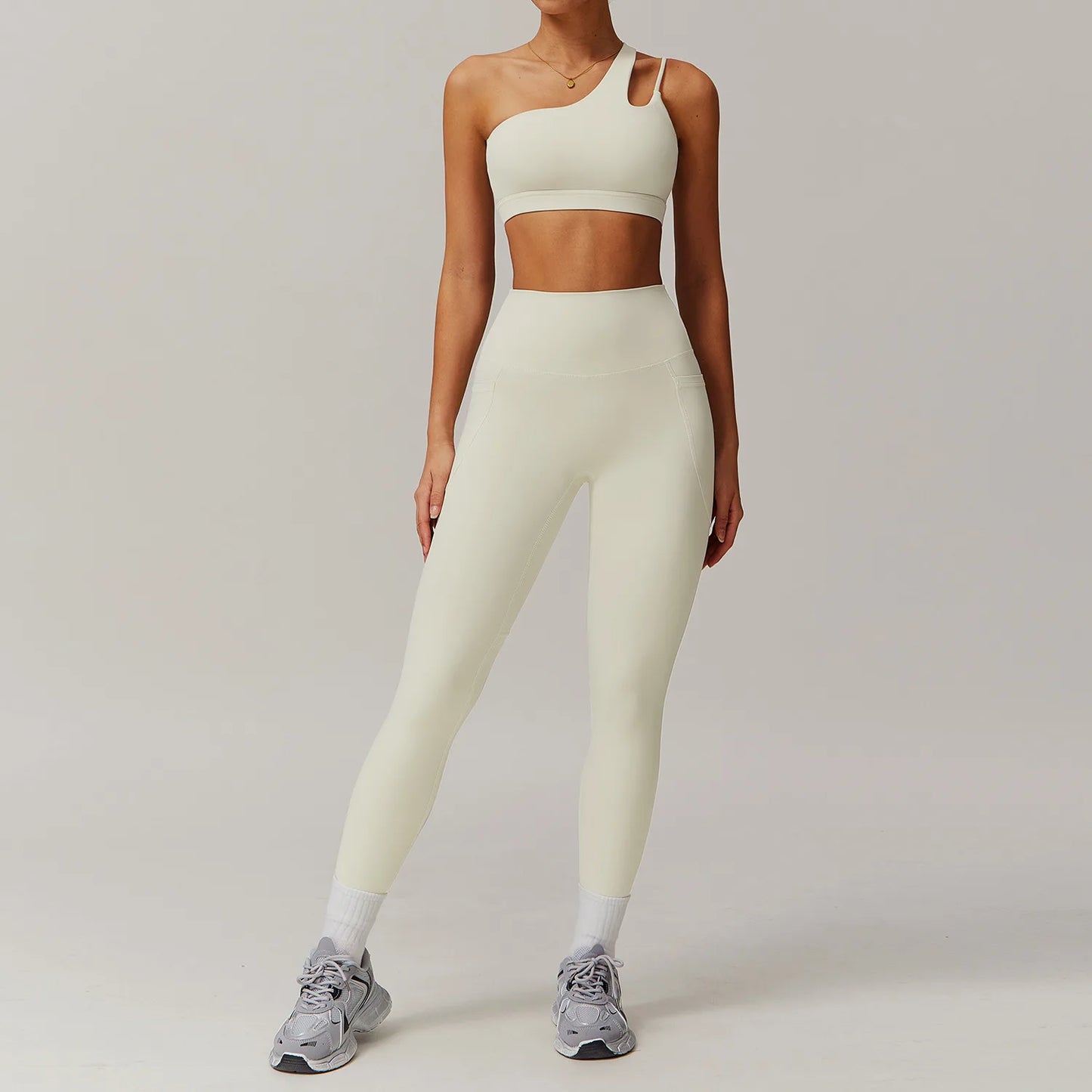 Maxy Sportswear Yoga Set Quick-Dry Tight Suit With Pocket Sports Women Tracksuits Asymmetric Shoulder Running Gym Leggings