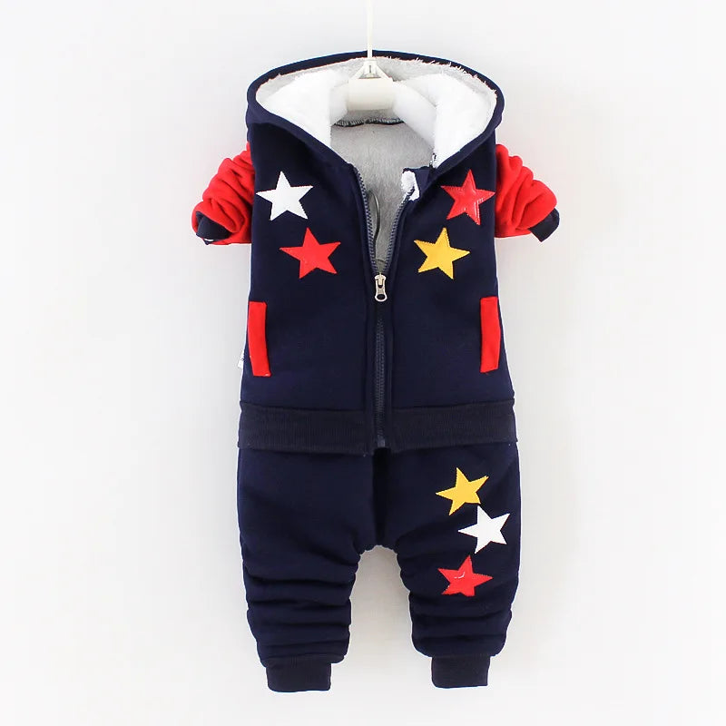 Winter Baby Boys Clothing Sets 2023 Cartoon Toddler Boys Girls Warm Hooded Coats Pants Suit Kids Thick Tracksuit Clothes Set