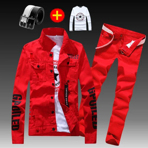 Visco Men's Slim Fit Denim Jacket Pants 2pcs Set Long Sleeve Coats Letters Printed Casual Large Size Black White Red Boys Trousers