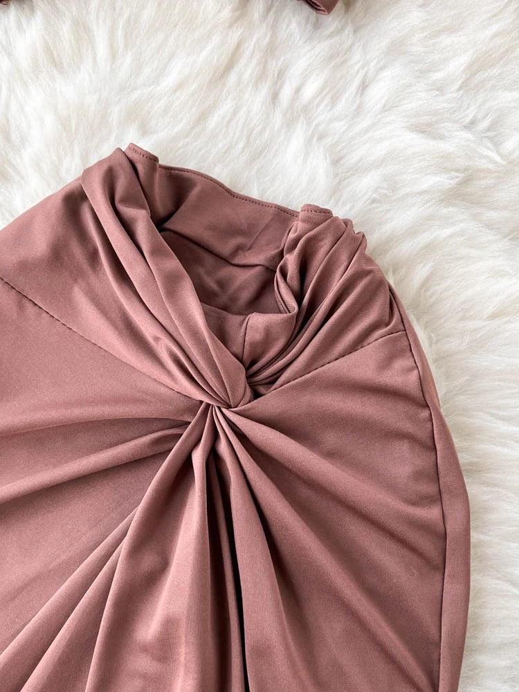 Maxy Summer Sexy Beach Two Piece Set Women Cross Necked Crop Top Split Mid Length Wrap Skirt Boho Brown Suits