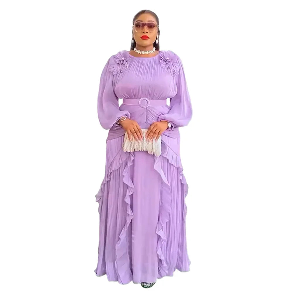 Maxy New Luxury Pleated Party Dress Round Neck Plus Size Dashiki Abaya Women Evening Dress