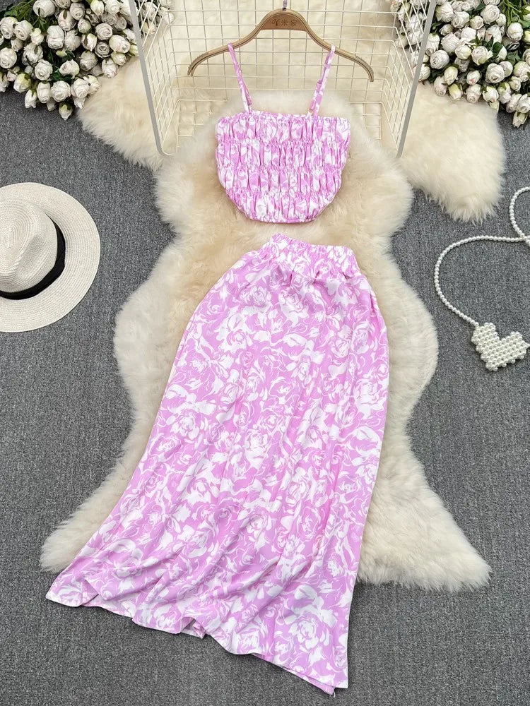 Maxy Summer Floral Print Two Pieces Set Women Fashion Elegant Casual Fold Sleeveless Tops And Long Skirt Sexy Slim 2 Piece Sets