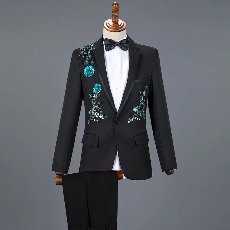 Amay Royal Blue Sequin Embroidery Suit Men Wedding Groom Tuxedo Suits Pants Mens One Button Peak Lapel Stage Costume Traje Hombre 2XL