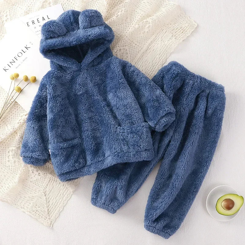 Maxy 1-4 Years Baby Boy Girl Clothes Pajamas Set Flannel Fleece Infant Toddler Child Warm Hooded Sleepwear Home Suit Winter Autumn