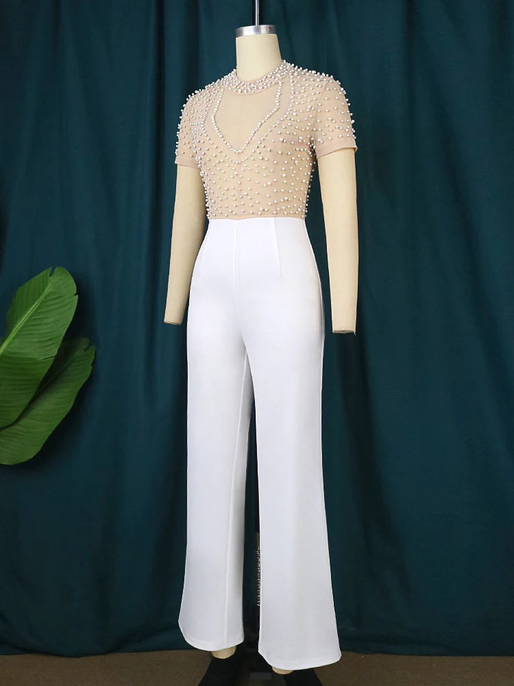 Maxy Plus Size Jumpsuits for Women See Through Beading Long Sleeve Beige Black Empire Wide Leg One Piece Outfits Luxury Rompers