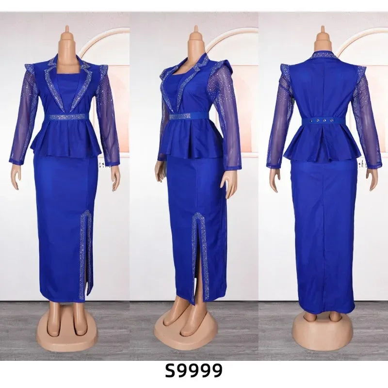 Maxy Luxury African Dress for Women Elegant Square Neck Diamond Full Sleeve Belt Waisted Side Split Floor Length Birthday Dress