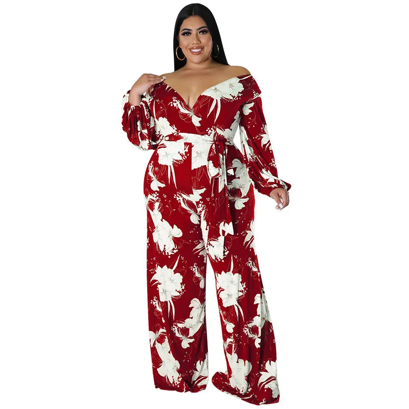 Amay Plus Size Floral Print Jumpsuit Female Casual Loose Elegant Clothing Women One Piece Outfit Autumn Fashion Wide Leg Pants
