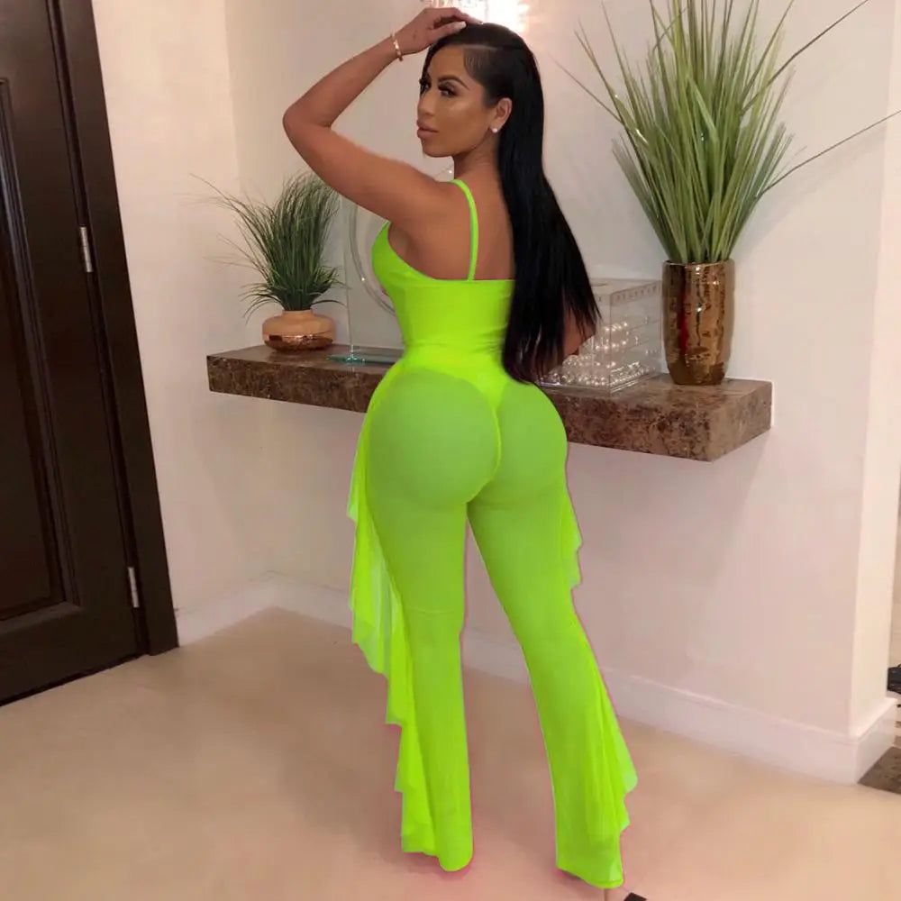 Maxy BKLD Ladies Tracksuits Festival Women Club Outfits Hollow Out Spaghetti Strap Bodysuit Ruffles Mesh Pant Set For Women