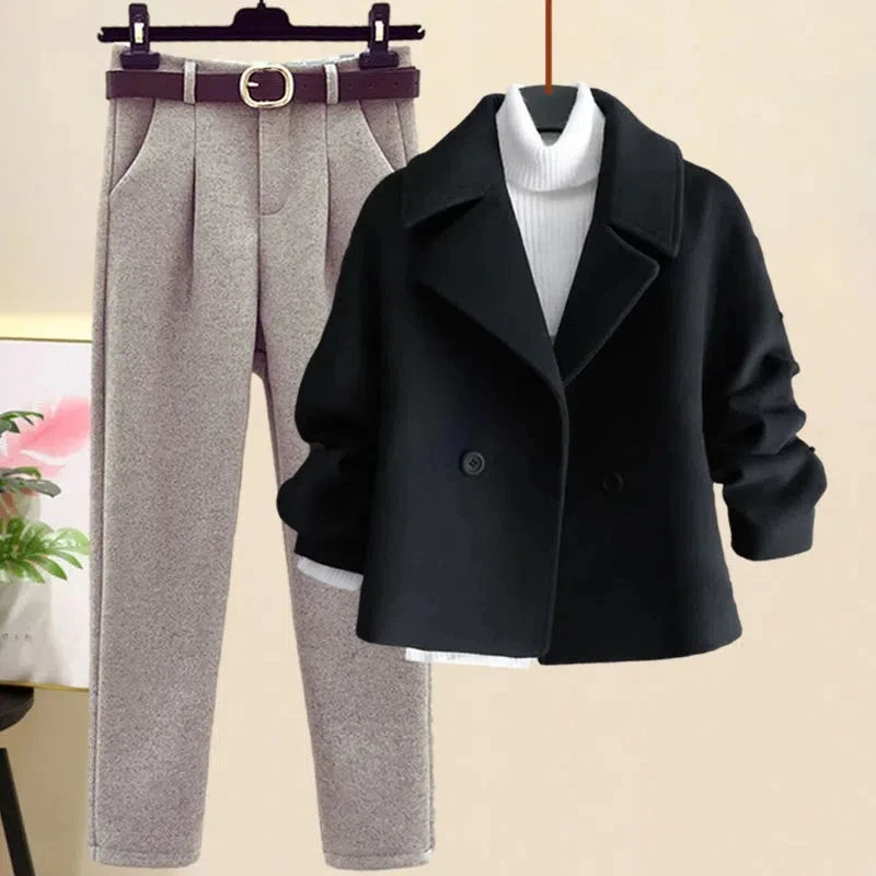 Maxy 2024 Autumn Winter Wool Suit  Jacket Long Sleeve Knitted Sweater Casual Trousers Three Piece Set Elegant Women's Pant Set