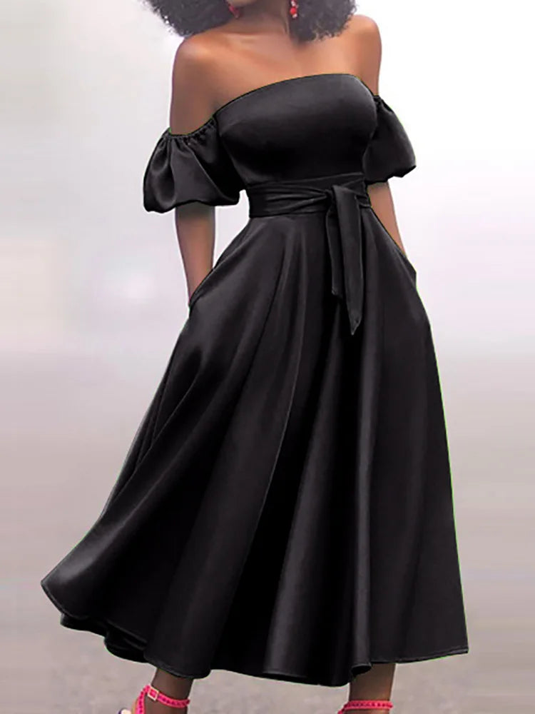 Amay Slim Fit Belt Elegant Lady Midi Dresses Summer Women Off Shoulder Solid Party Dress Slash Neck Short Sleeve Patchwork Club Dress