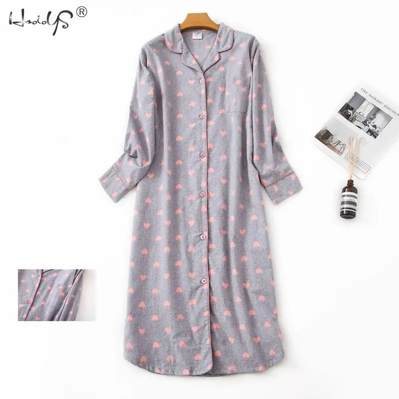 Maxy Ladies 100% Cotton Nightgown Plus Size Nightdress Long-sleeved Flannel Plaid Print Women Sleepwear Nightshirt Button UP Nightie