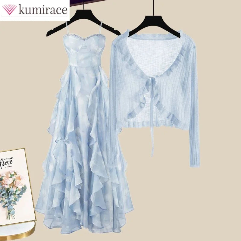 Maxy Summer Sun Protection Ice Silk Chiffon Shirt Ruffle Suspender Dress Two-piece Set Elegant Women's Dress Set Party Dress
