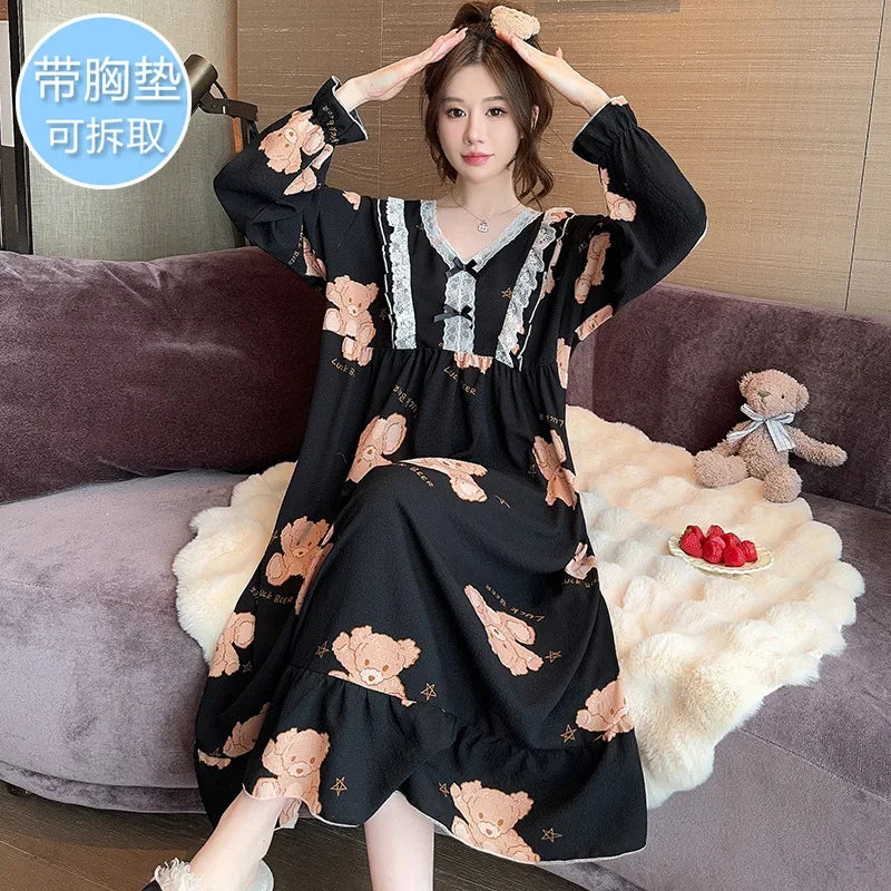 Maxy 150Kg Large Size Sweet Nightgown with Chest Pads Women Autumn Spring Long-sleeved Pajamas Loose Fattened Loungewear Sleep Dress