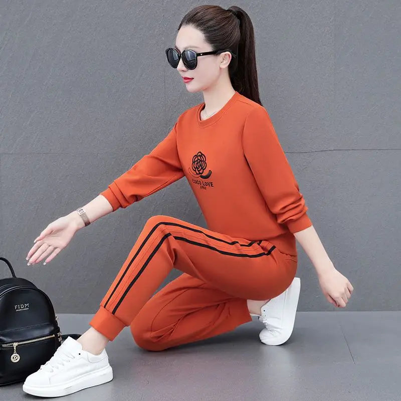 Zay Women's Round Necked Sports Suit Spring And Autumn New Fashion Korean Long Sleeve Crop Top And Pants 2 Two Piece Set For Women