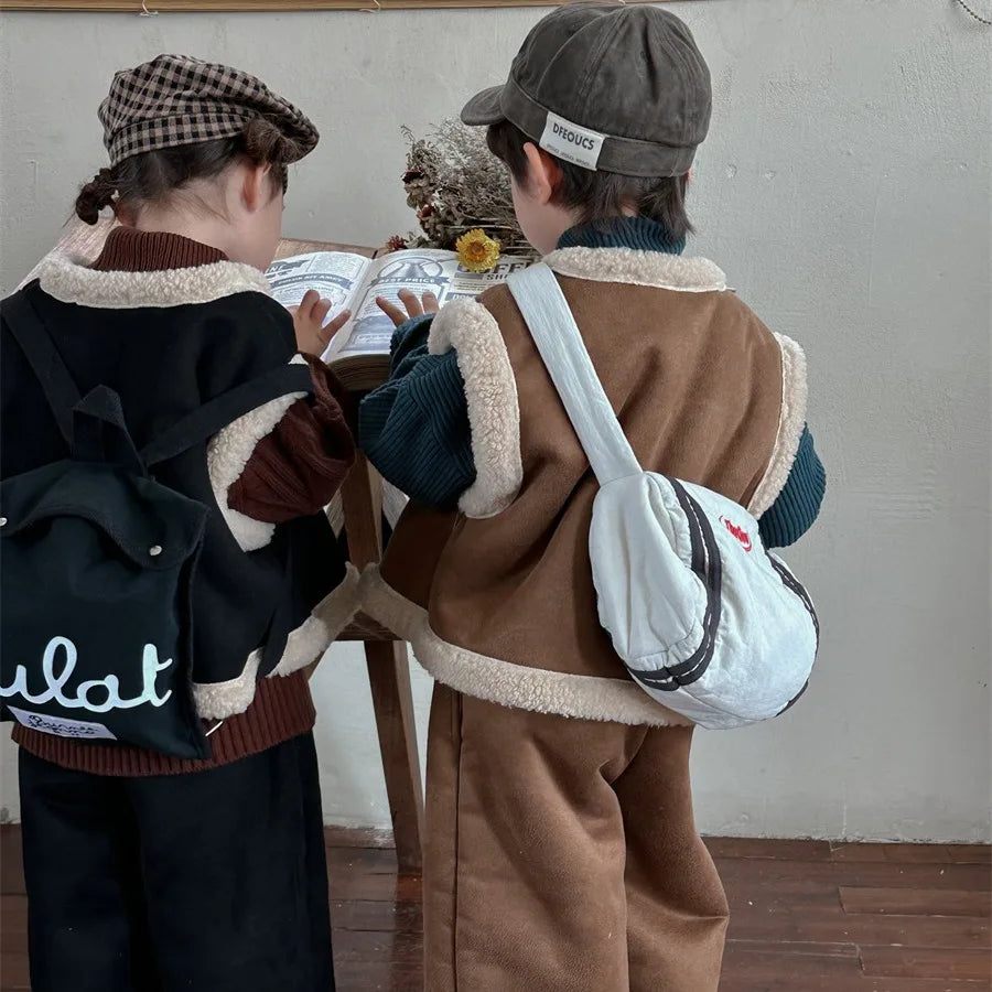 Maxy Children Suits Winter New Lamb Hair Vest Coat Baby Boys Girls Plus Fleece Straight Pants Two-piece Set Korean Simple Style