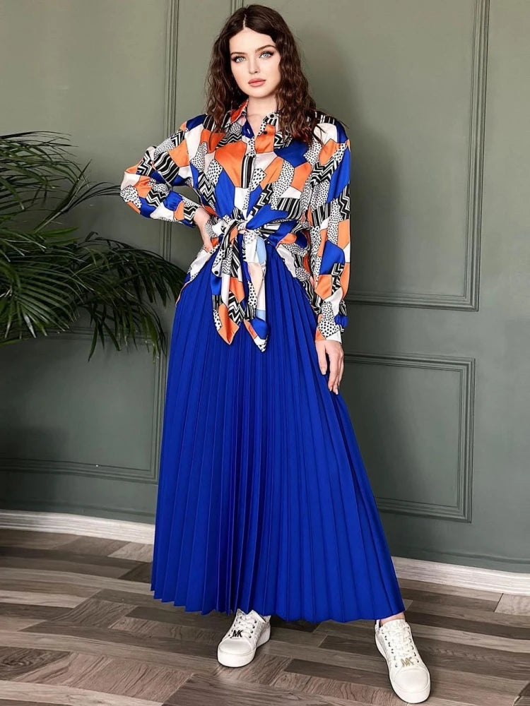 Amay Women Sets Two Piece Set Print Long Lantern Sleeve Top And Elegant Long Skirt High Streetwear Casual Beach Suit