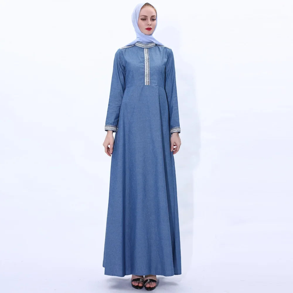 Maxy New Women Denim Long Dress Abaya Muslim Dubai Kaftan Islamic Robe Turkish Caftan Vintage Party Gown