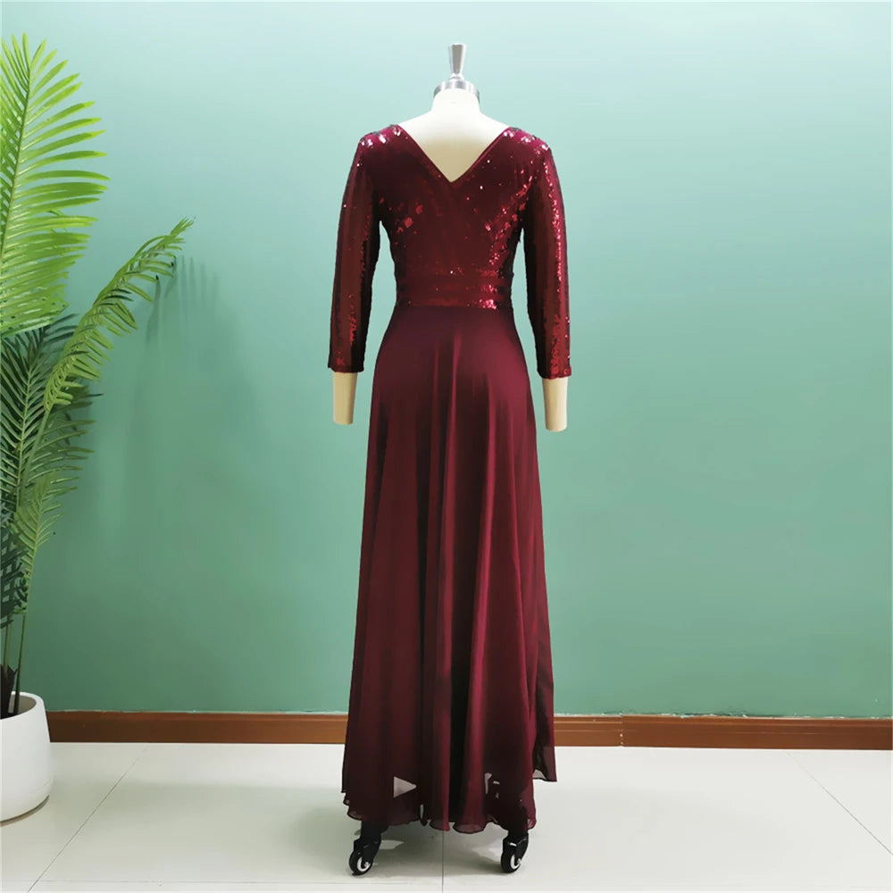 Graceful Long Burgundy Evening Dress 3/4 Sleeves A Line Sequined Top A Line Women Formal Occasion Gowns For Prom Party Wholesale