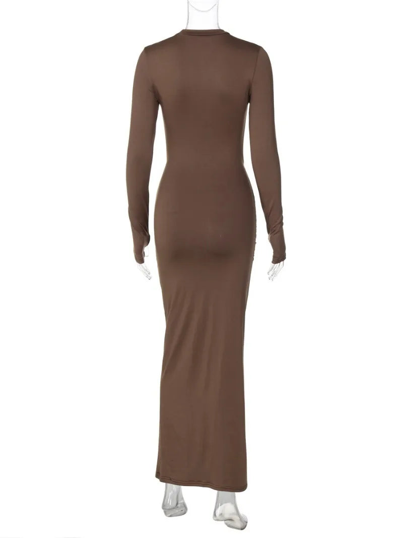 Maxy Fashion Woman Full Sleeve Bodycon Folds Long Maxy Dress Evening Party Outfit Office Lady Elegant Bandage Formal Occasion Dresses