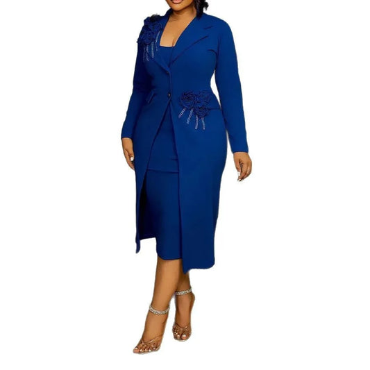 Maxy Women Dress Sets Two Pieces Set Matching Set Casual Elegant Flower V Neck Suit Coat Mid Calf Slip Dress Party Night Work