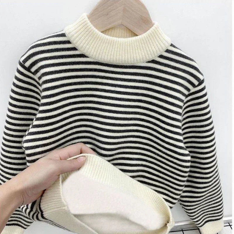 Maxy Boys Padded Sweater Autumn Winter Children's Fleece Striped Knitted Jumper Kids Warm Bottom Shirt Toddler Pullover Clothes