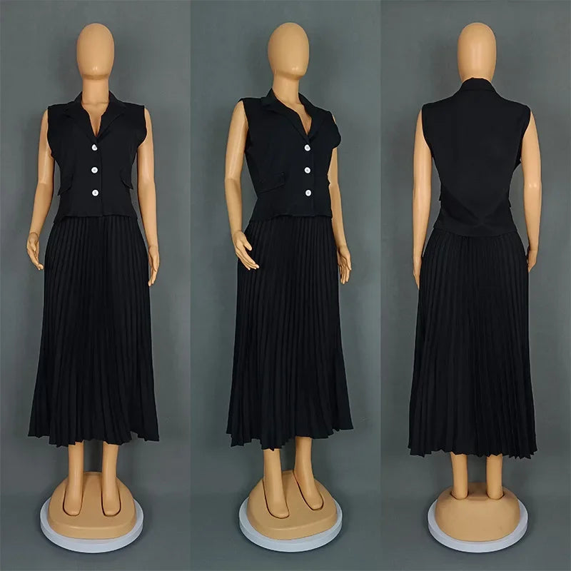 Maxy 2 Piece African Clothes for Women Summer Elegant African Sleeveless V-neck Polyester Top Pleat Skirts Dashiki African Clothes