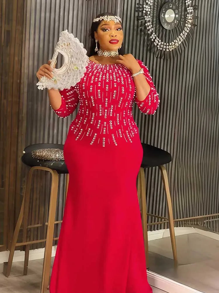 Maxy Plus Size Dresses for Woman Elegant Party Solid Color Diamond Long Evening Dresses Maxy Long Sleeve Dress